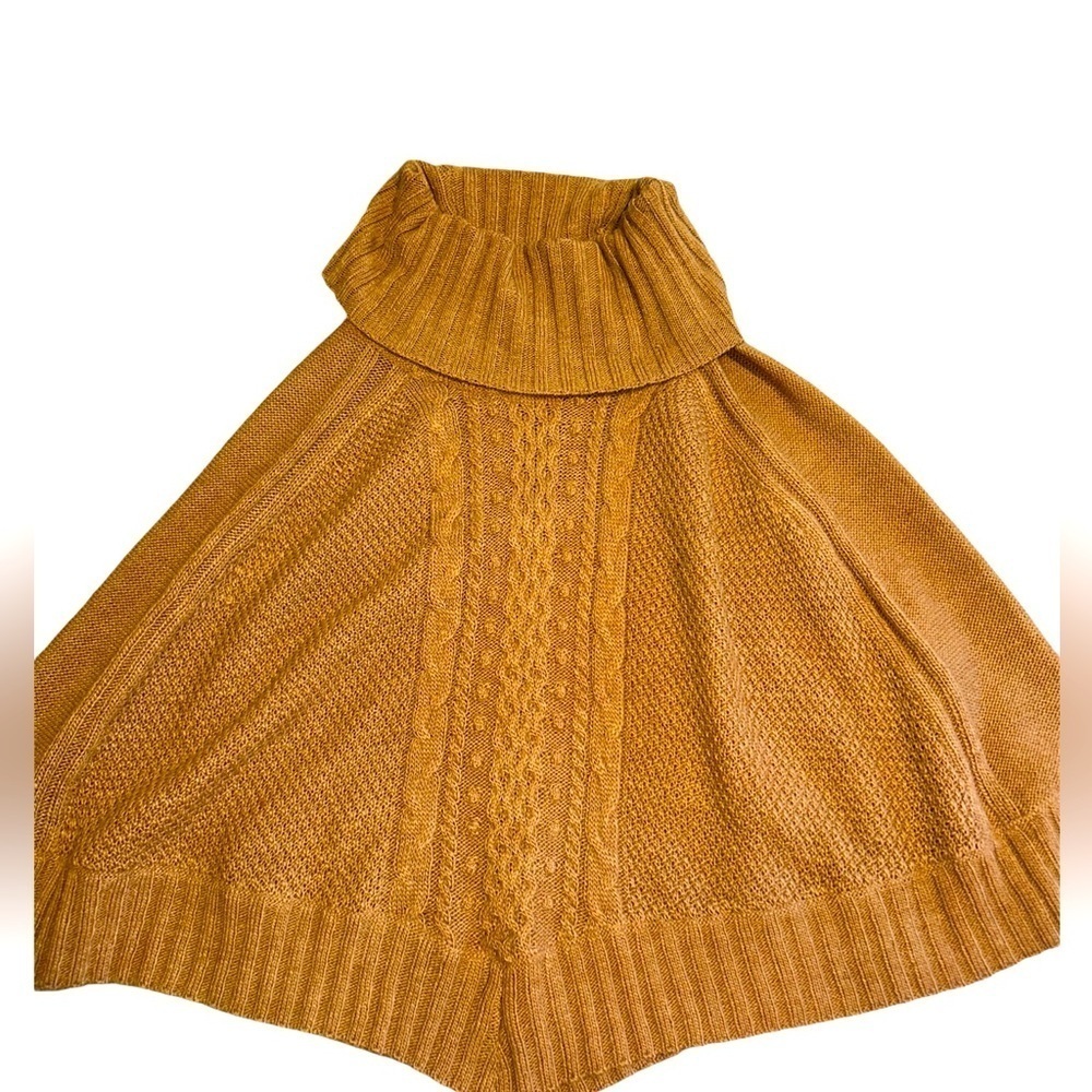 Tan knit turtleneck poncho sweater shawl